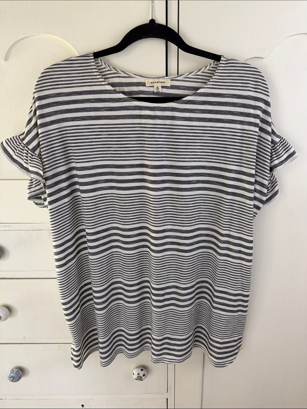 Max Studio Black & White Striped Short Sleeve Tee 1X